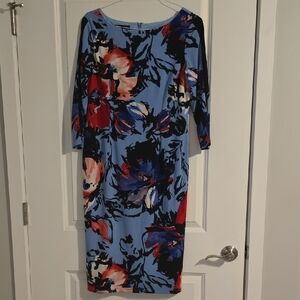 INC International Concepts Light Blue Floral Midi Dress with Red & Black Accents